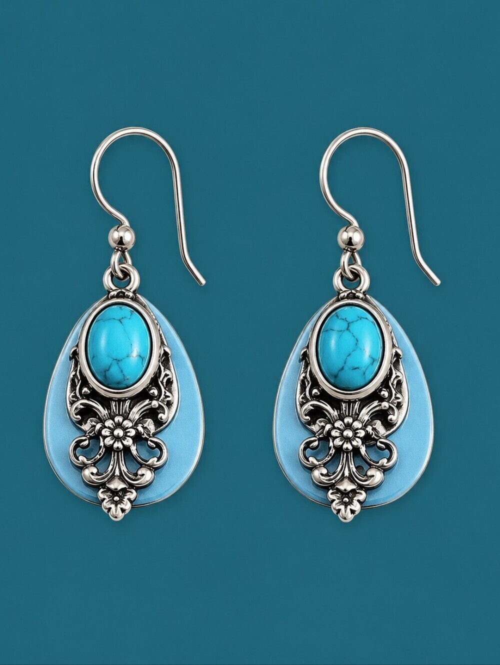 SILVER FOREST Teal Layered Filigree Teardrop Dangle Hook Earrings